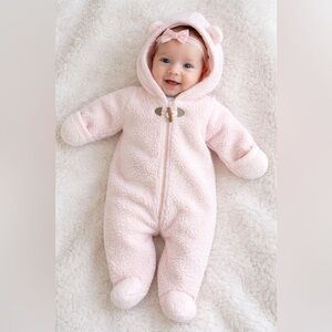 Carter’s Baby Girl Pink Sherpa Pram Snowsuit 3 Months Bear Ear Hood